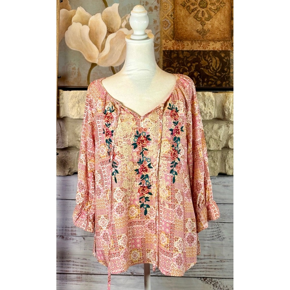 Savanna Jane Pink Floral Embroidered Boho Peasant Blouse Medium